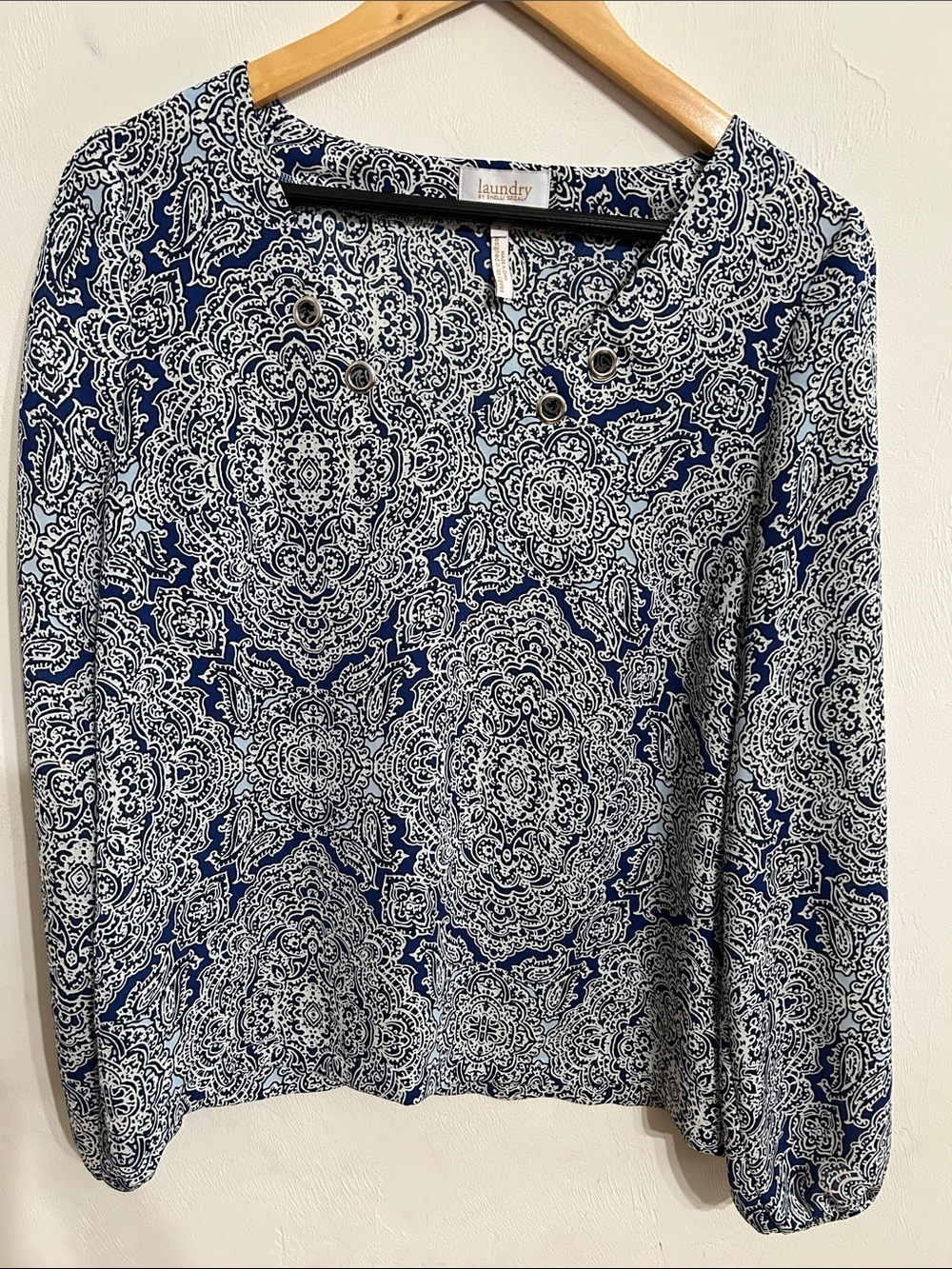 Laundry By Shelli Segal Navy and White Printed Long-Sleeve Top Lightweight S